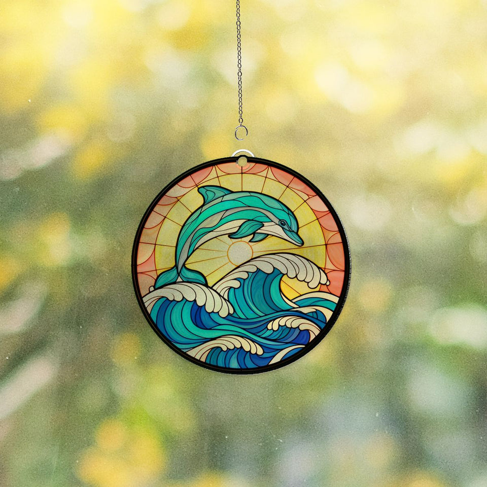 Dolphin Wave Circle Acrylic Suncatcher