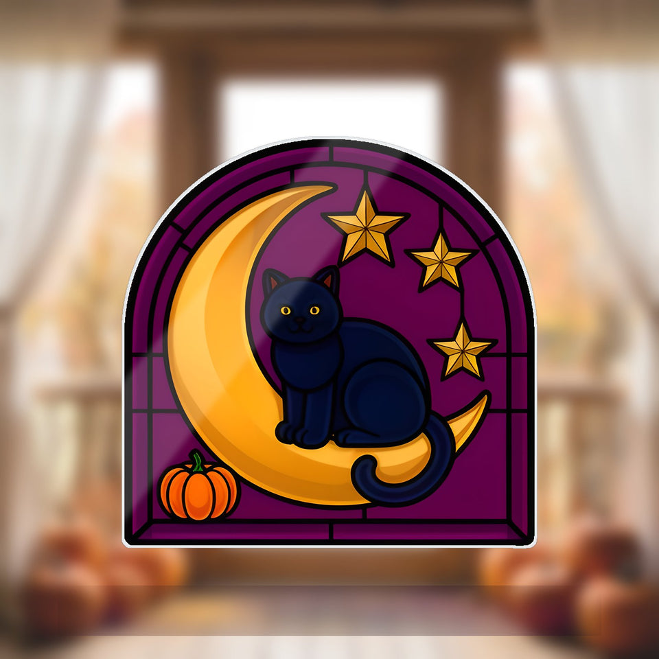 Black Cat Crescent Moon Acrylic Suncatcher