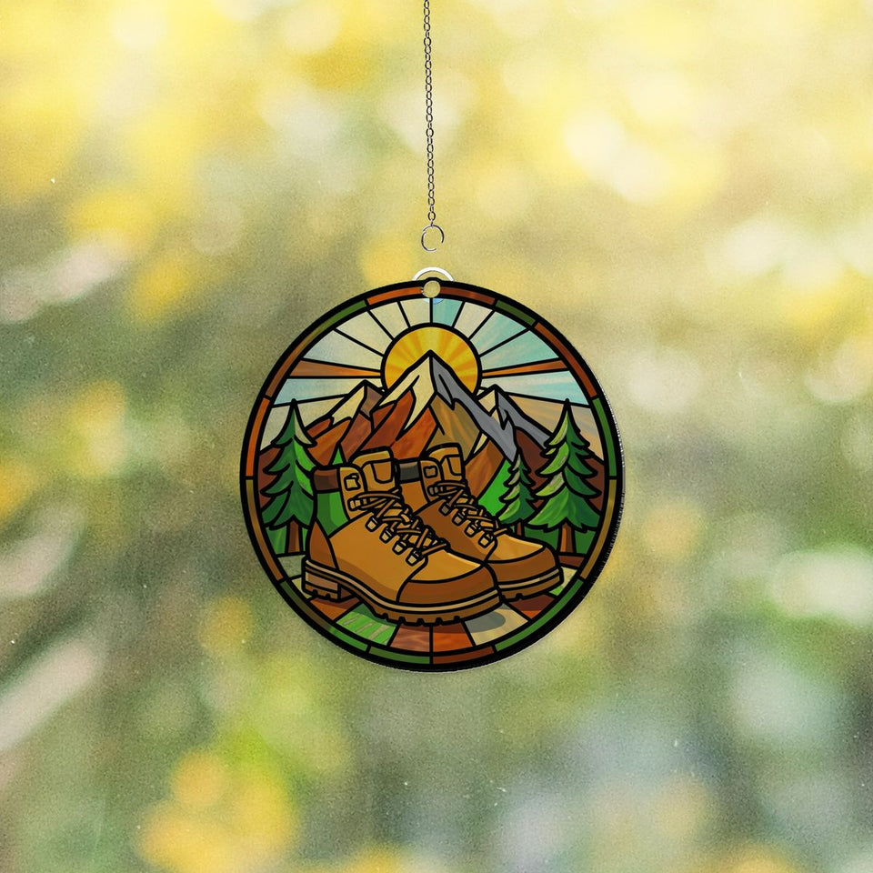 Hiking Boots Mountain Circle Acrylic Suncatcher