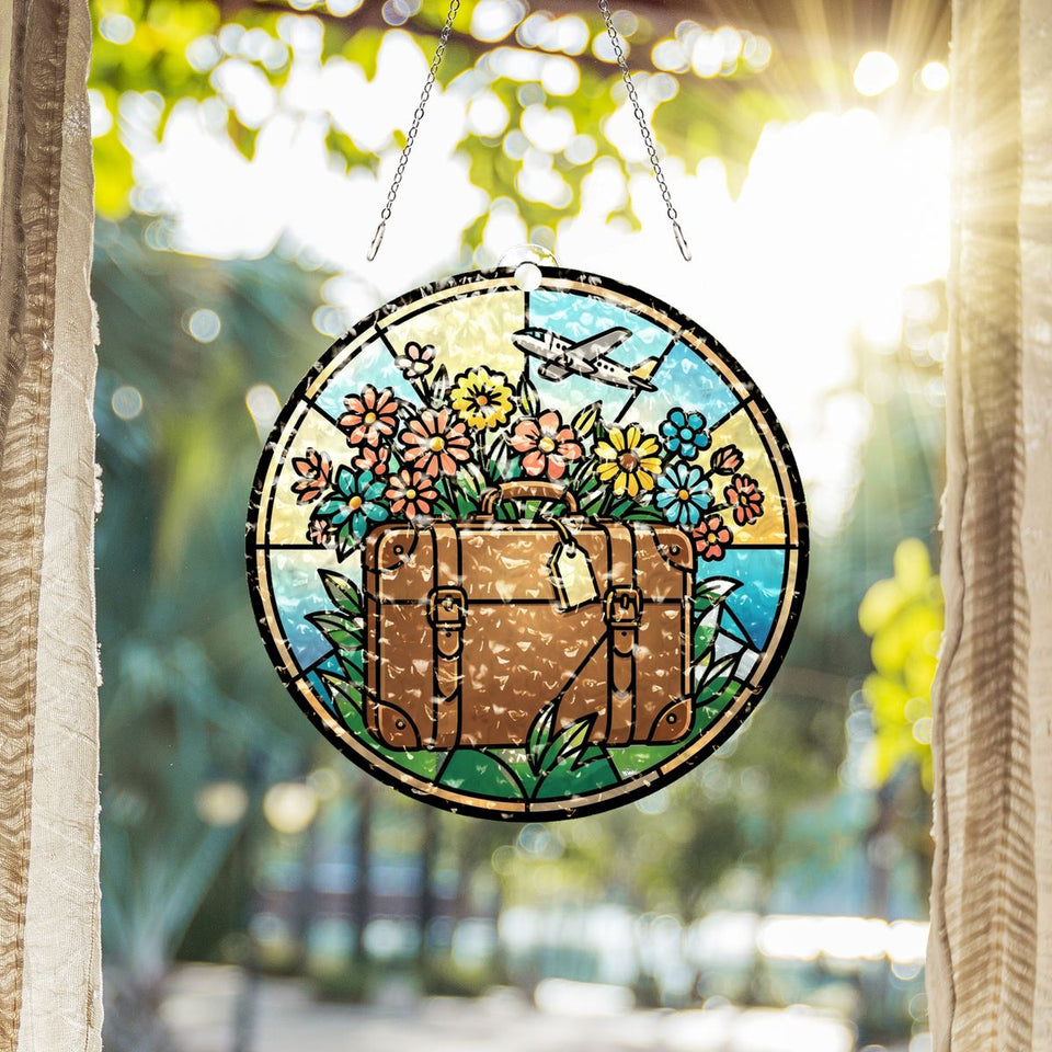Vintage Suitcase Wildflowers Circle Water Ripple Suncatcher