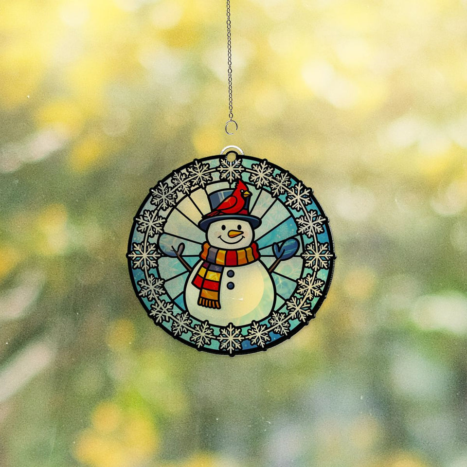 Snowman Cardinal Circle Acrylic Suncatcher