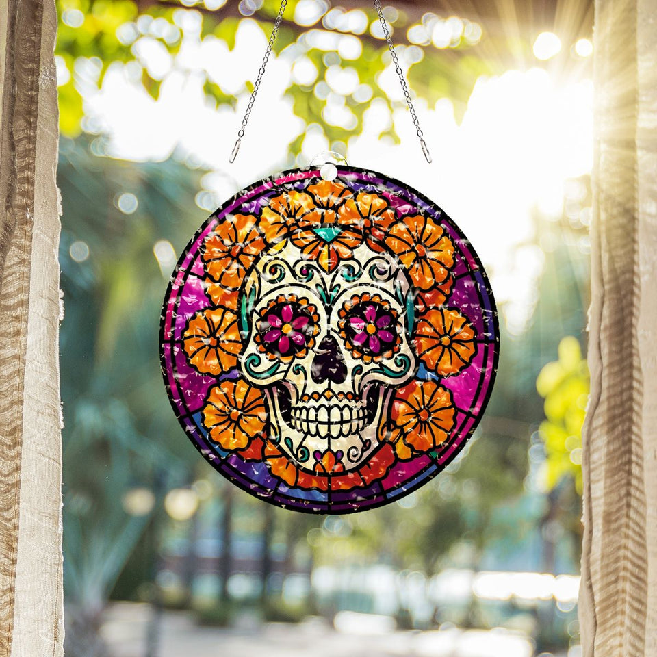 Marigold Sugar Skull Circle Water Ripple Suncatcher