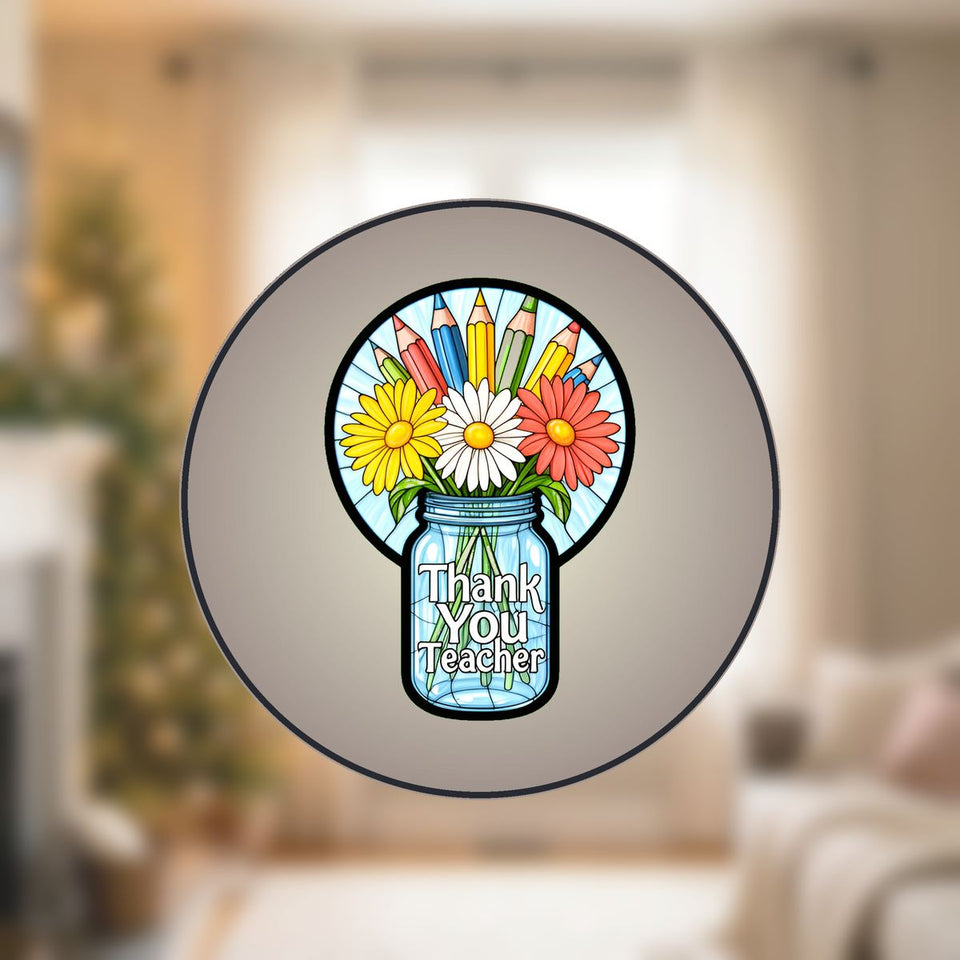 Teacher Flower Jar Circle Stained Glass Suncatcher