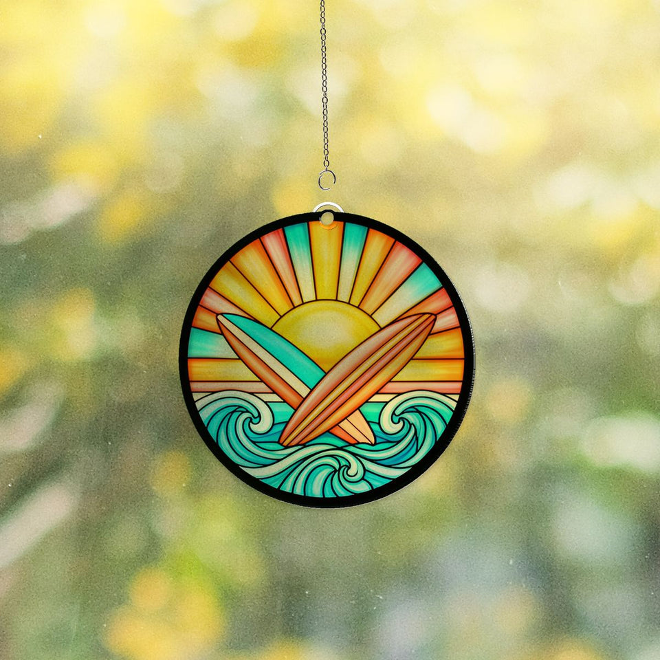 Surfboard Sunset Circle Acrylic Suncatcher