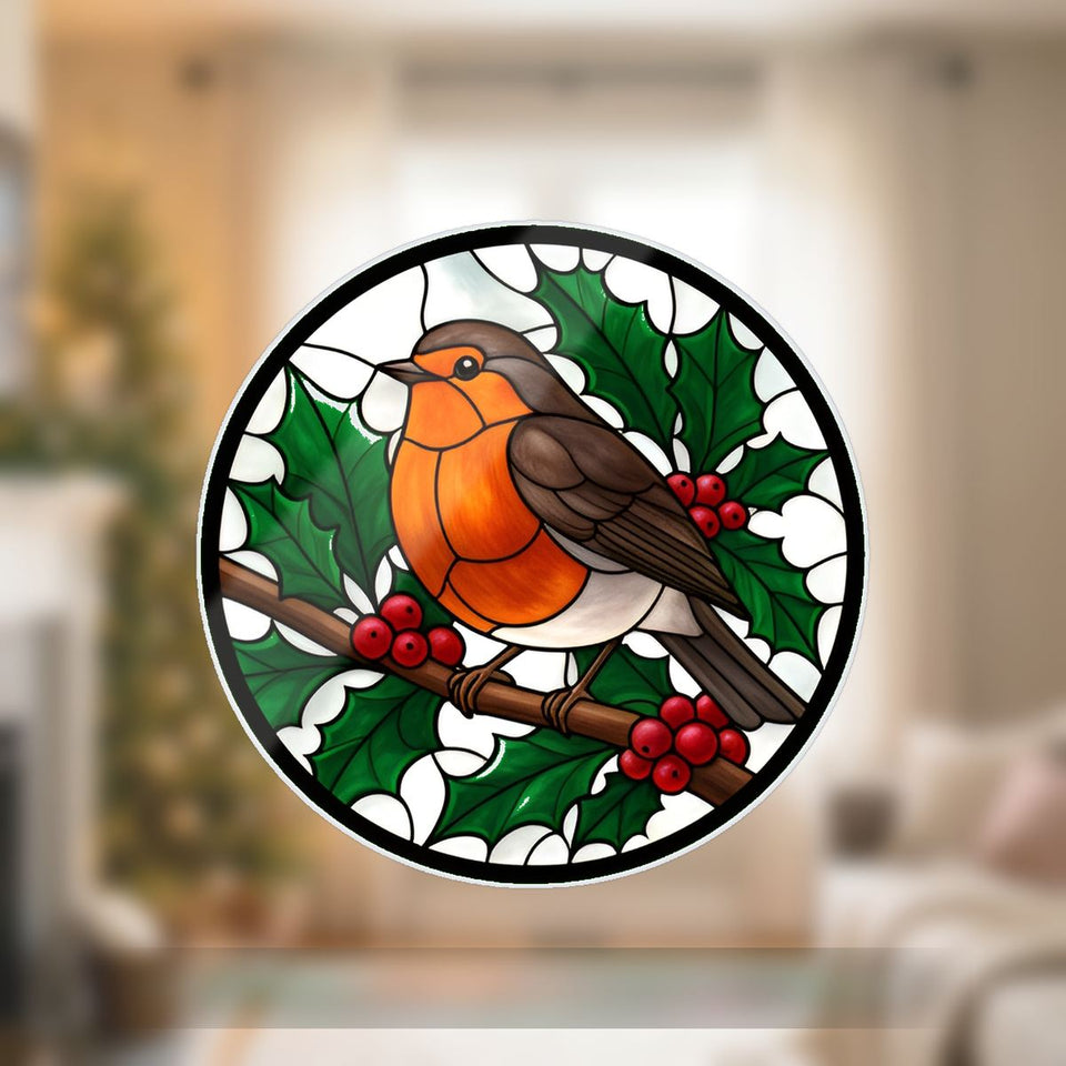 Winter Robin Berry Branch Wavy Acrylic Suncatcher Ornament