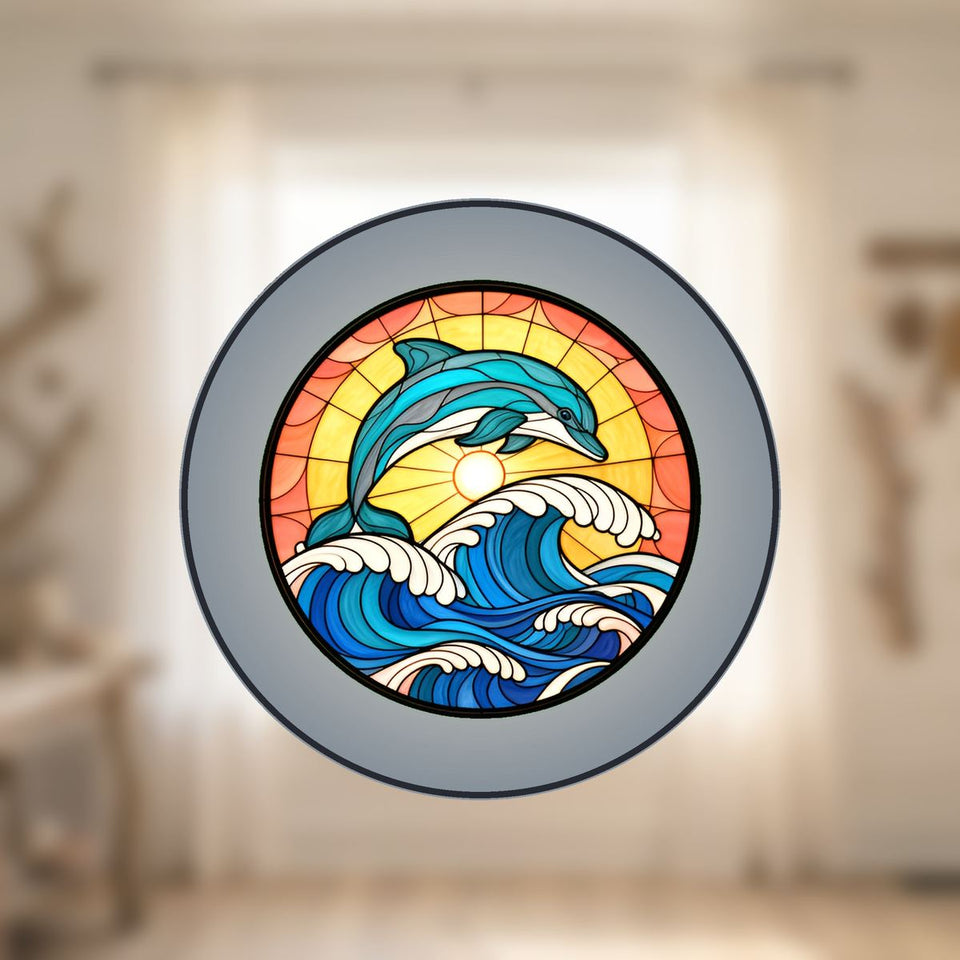Dolphin Wave Circle Stained Glass Suncatcher