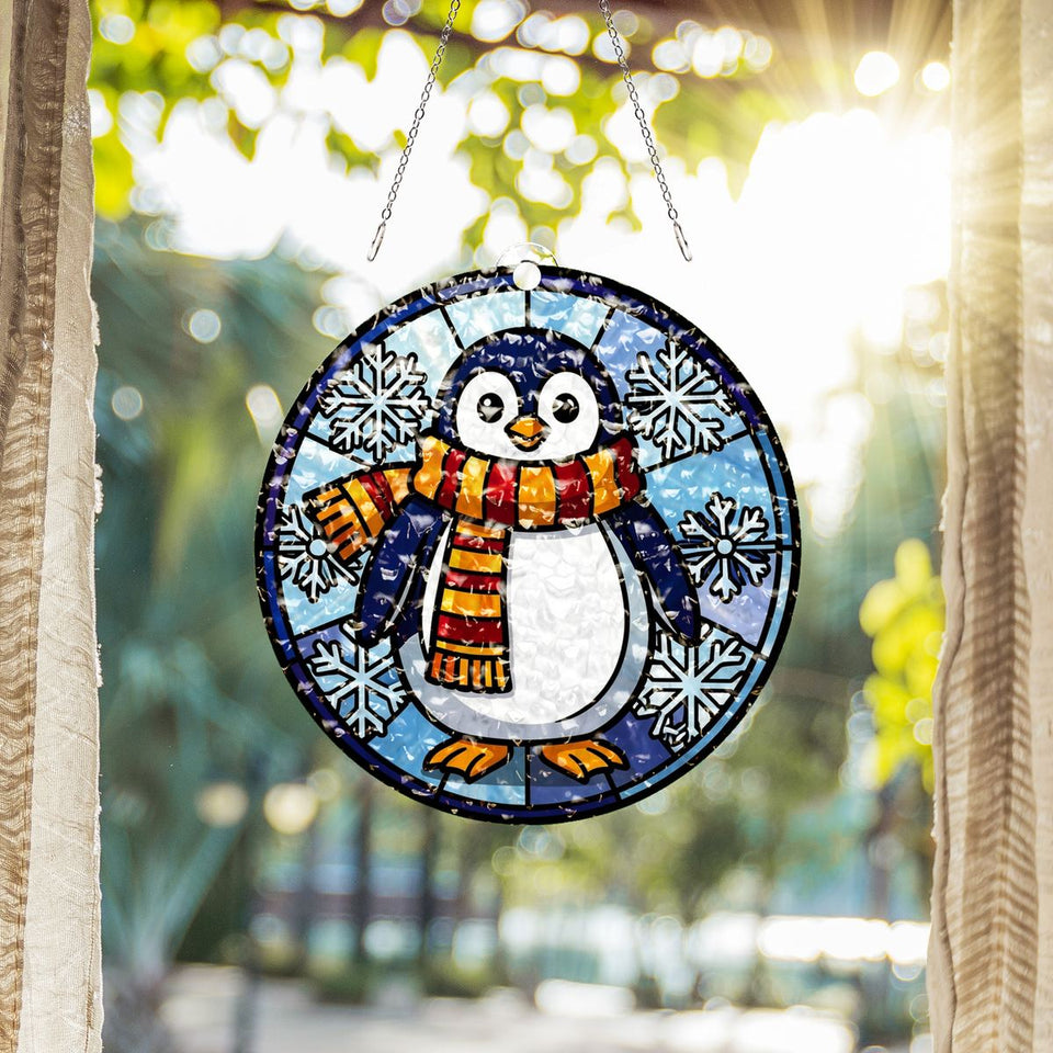 Penguin Scarf Snowflake Water Ripple Suncatcher