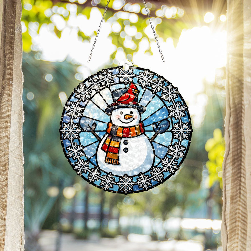 Snowman Cardinal Circle Water Ripple Suncatcher