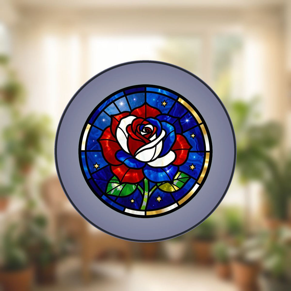 Old Glory Rose Circle Stained Glass Suncatcher