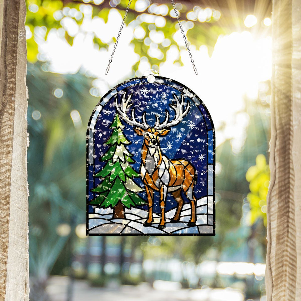 Snowy Stag Pine Arch Water Ripple Suncatcher