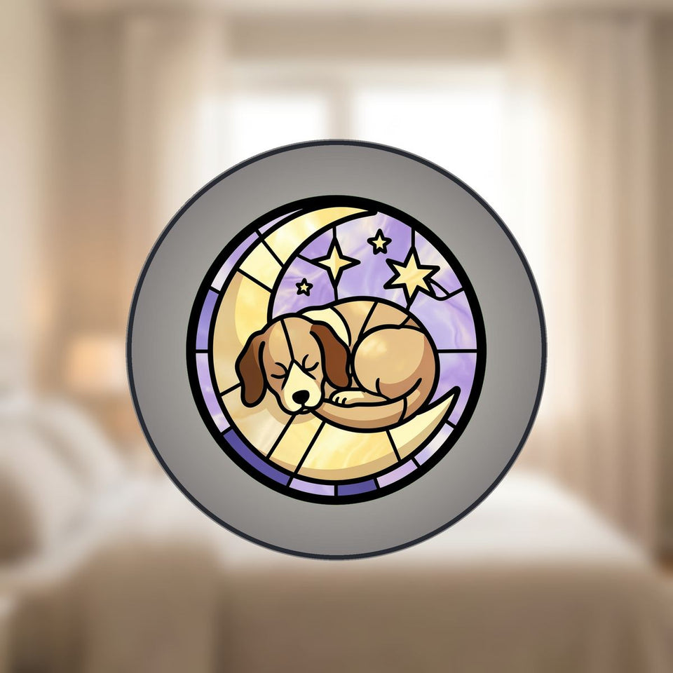 Sleeping Puppy Moon Circle Stained Glass Suncatcher