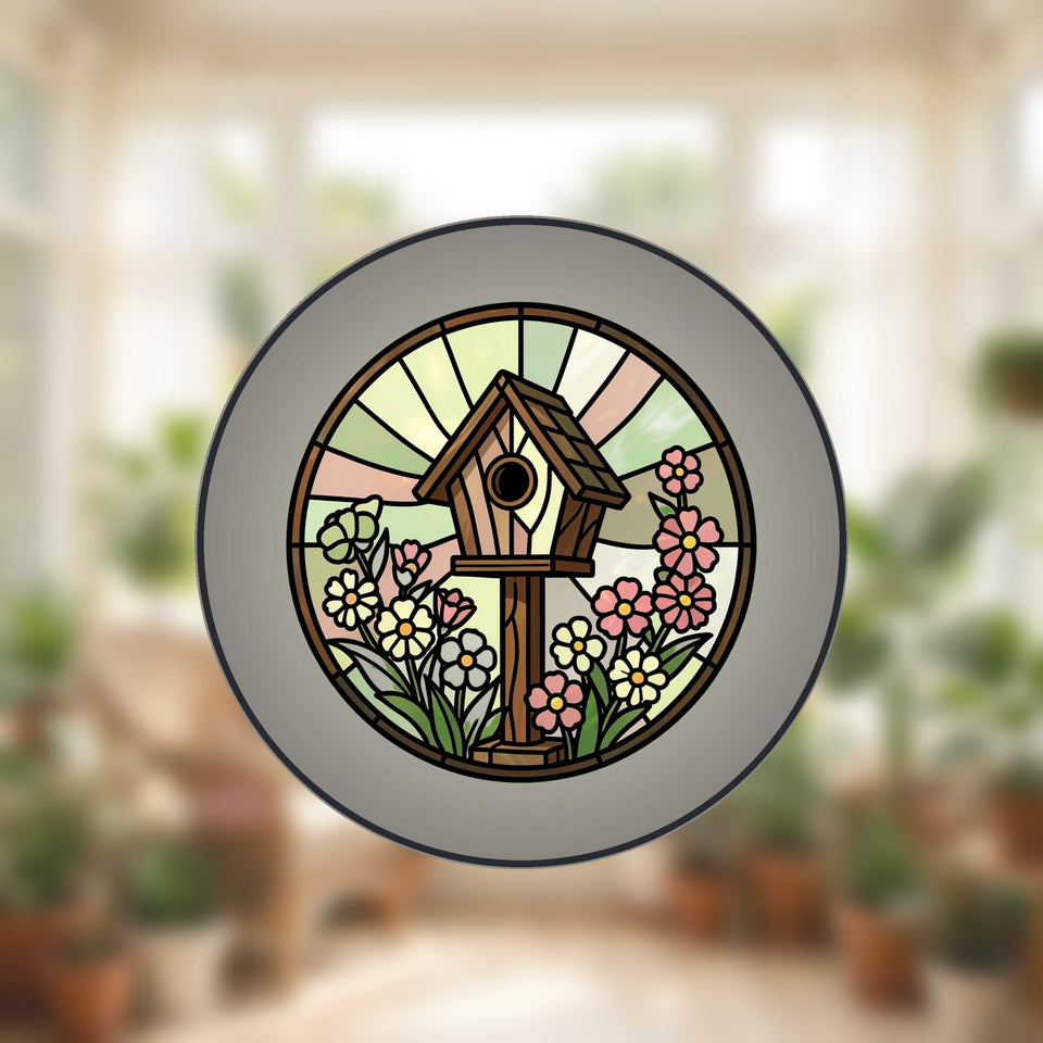 Birdhouse Wildflower Circle Stained Glass Suncatcher