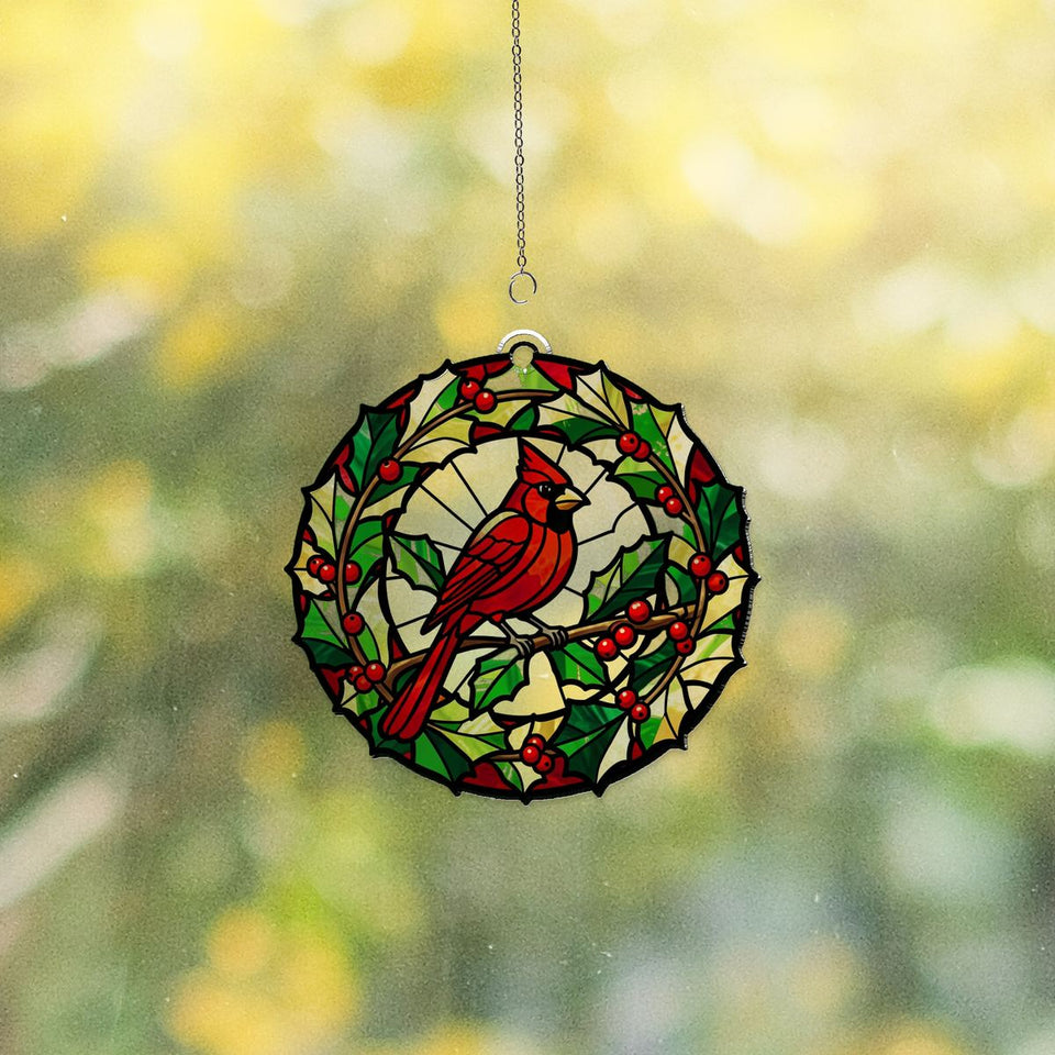 Cardinal Holly Wreath Circle Acrylic Suncatcher