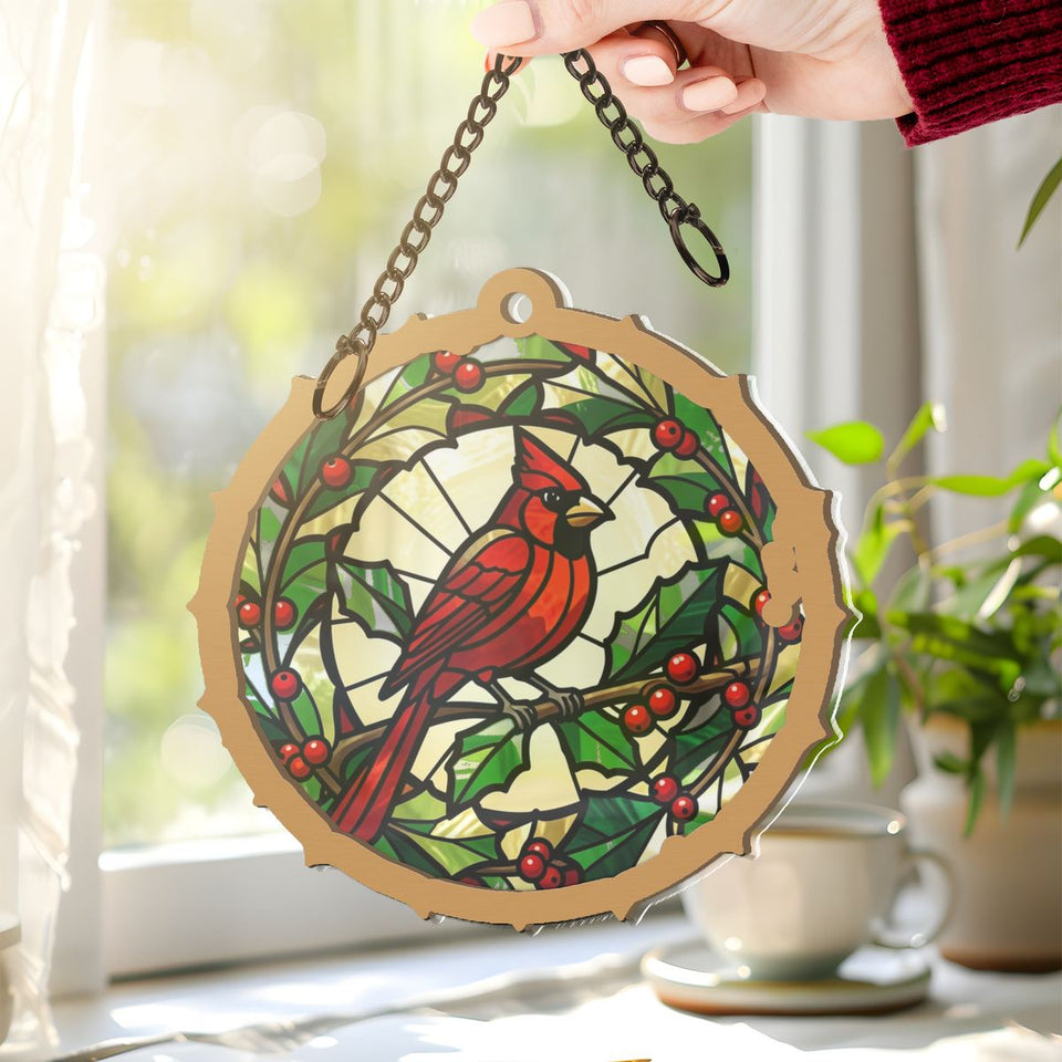 Cardinal Holly Wreath Circle Window Hanging Suncatcher