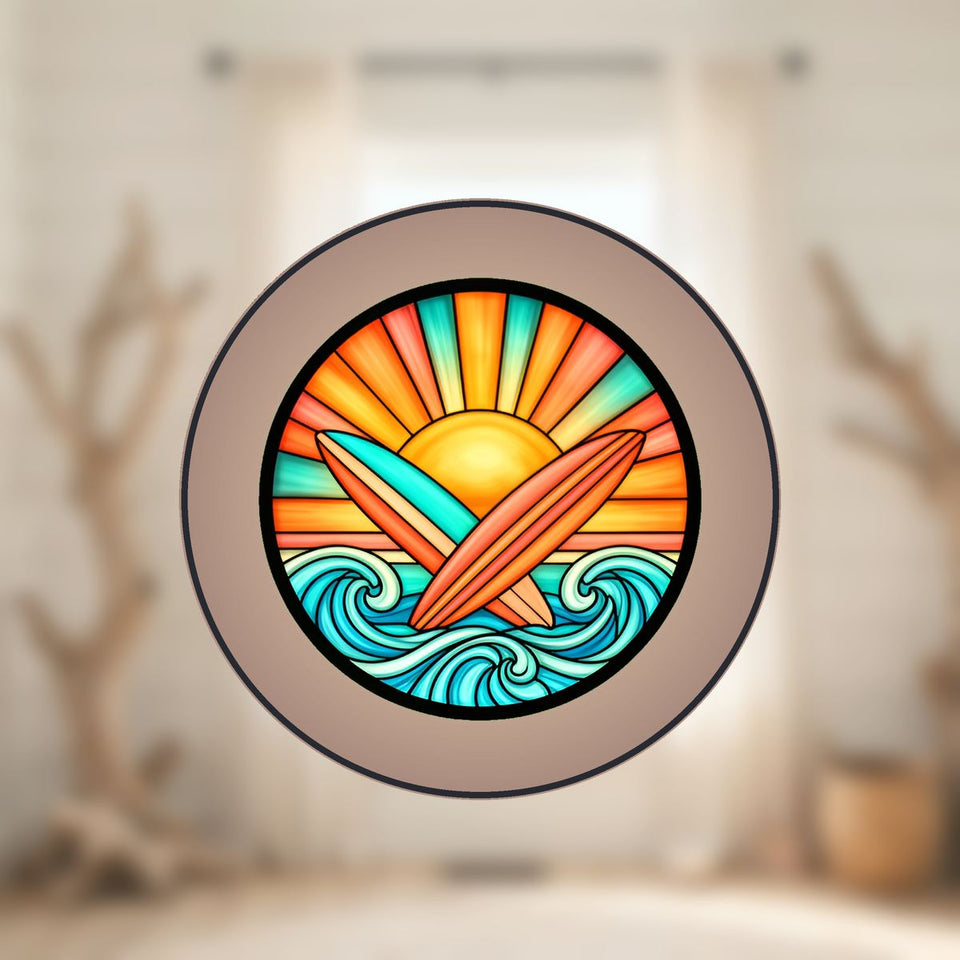 Surfboard Sunset Circle Stained Glass Suncatcher