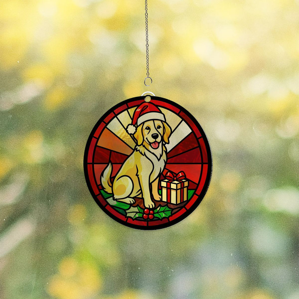 Christmas Dog Santa Hat Circle Acrylic Suncatcher