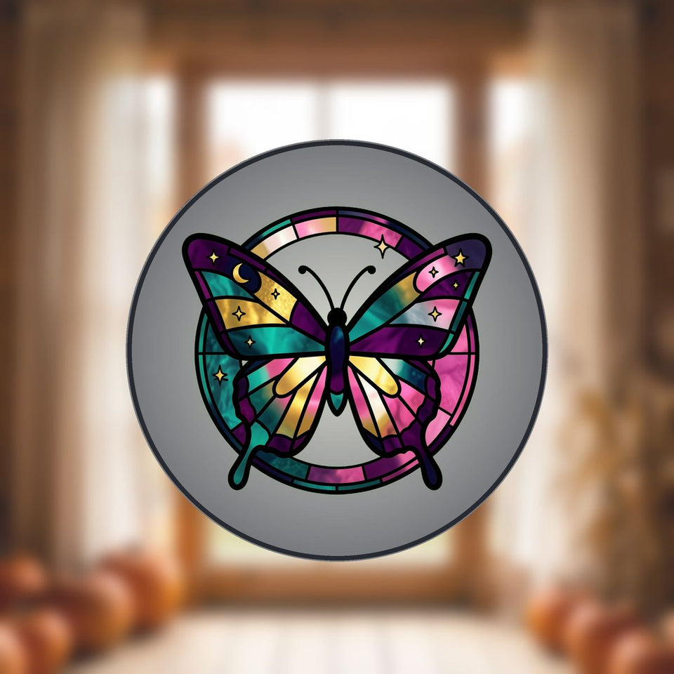 Celestial Butterfly Moon Circle Stained Glass Suncatcher