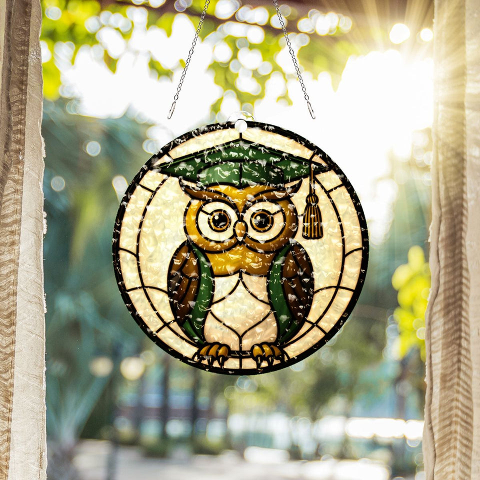 Wise Owl Graduation Cap Water Ripple Suncatcher