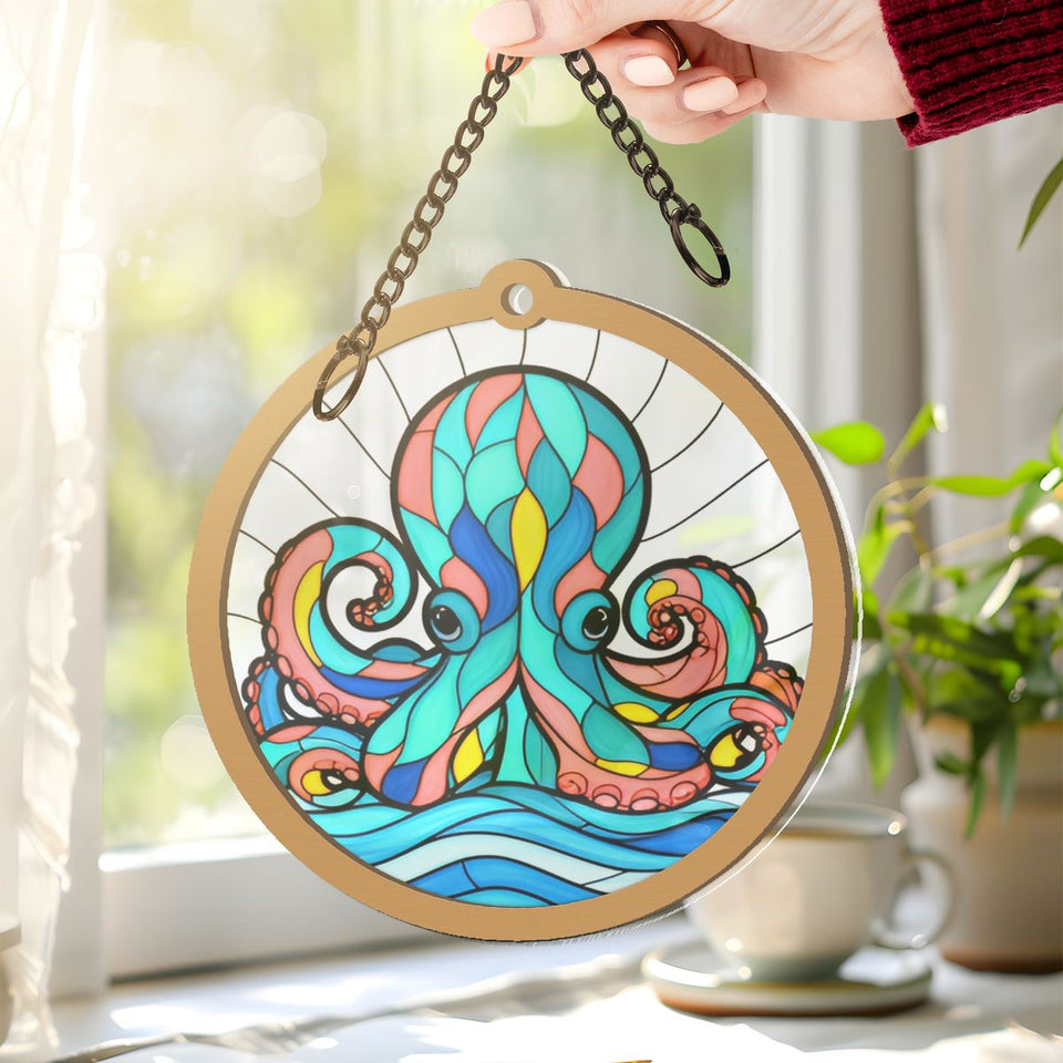 Curious Octopus Wave Circle Window Hanging Suncatcher