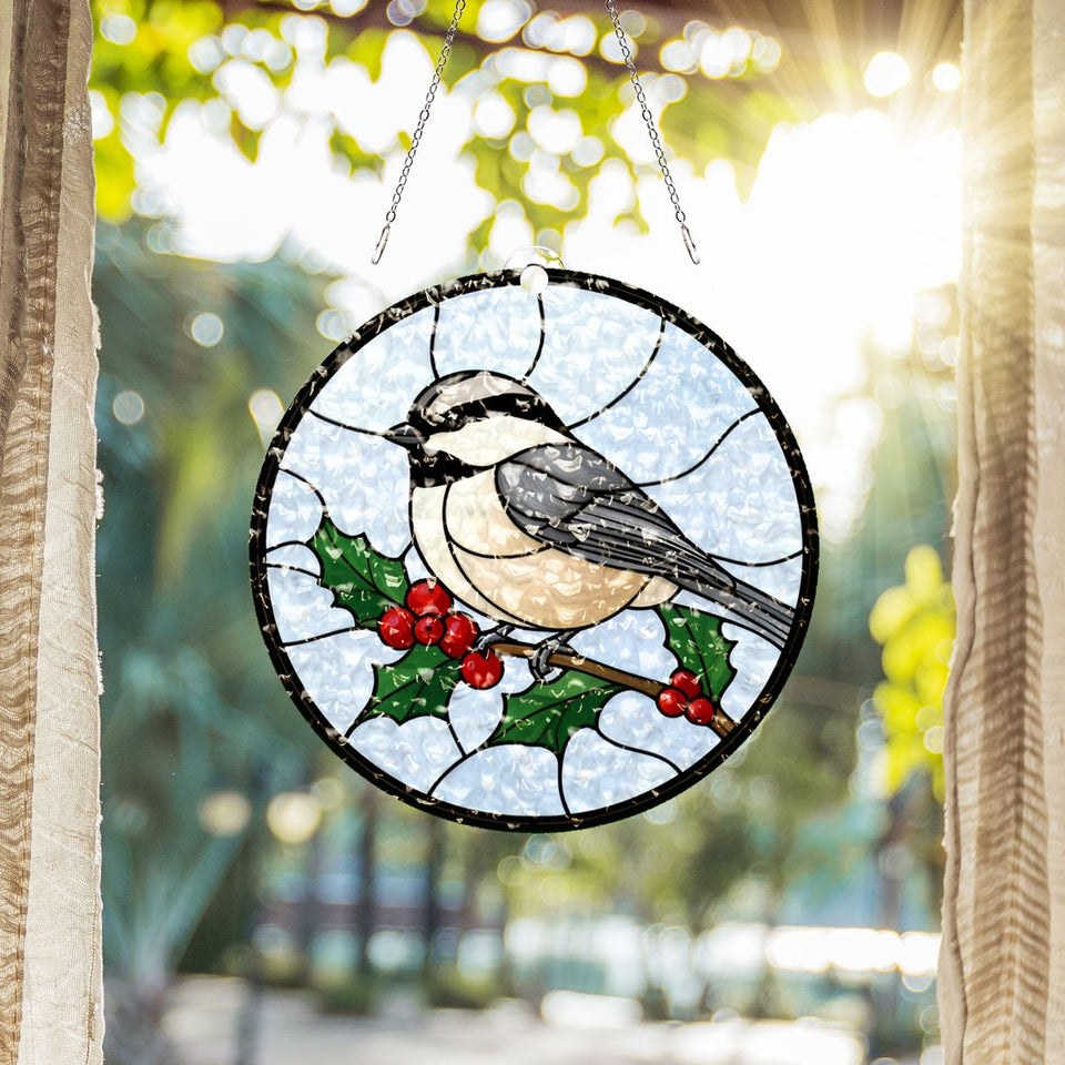 Holly Berry Chickadee Circle Water Ripple Suncatcher