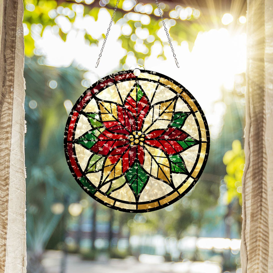 Poinsettia Wreath Circle Water Ripple Suncatcher