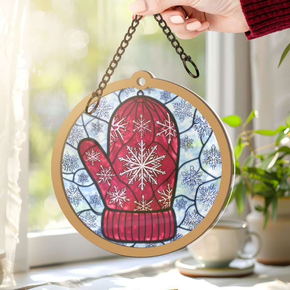 Knit Mitten Snowflake Circle Window Hanging Suncatcher