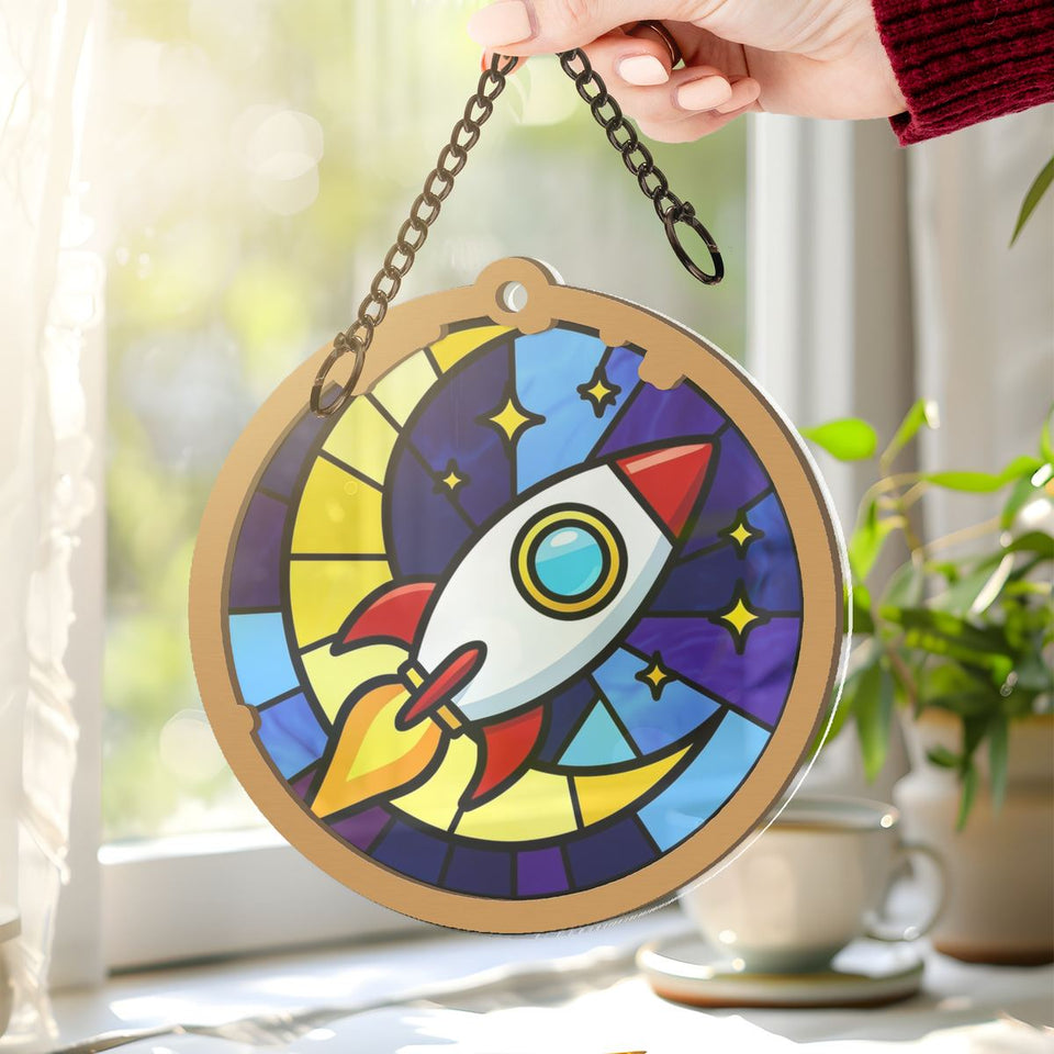 Rocket Ship Stars Circle Window Hanging Suncatcher
