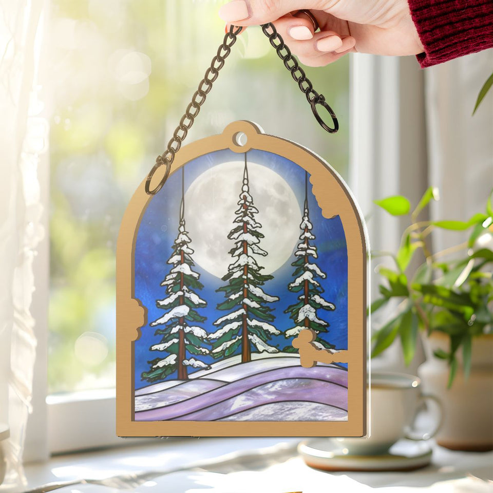 Snowy Evergreen Forest Arch Window Hanging Suncatcher
