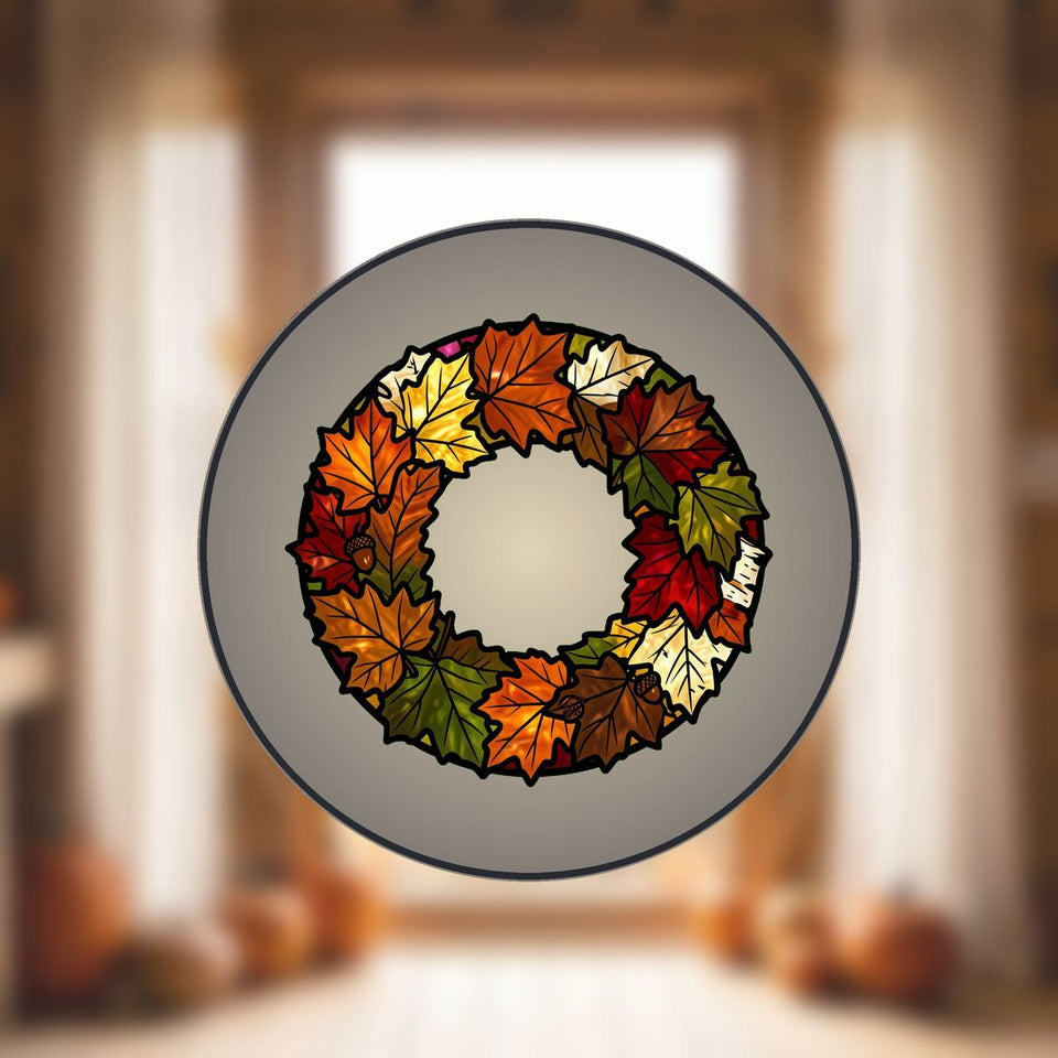 Fall Leaves Wreath Circle Stained Glass Suncatcher