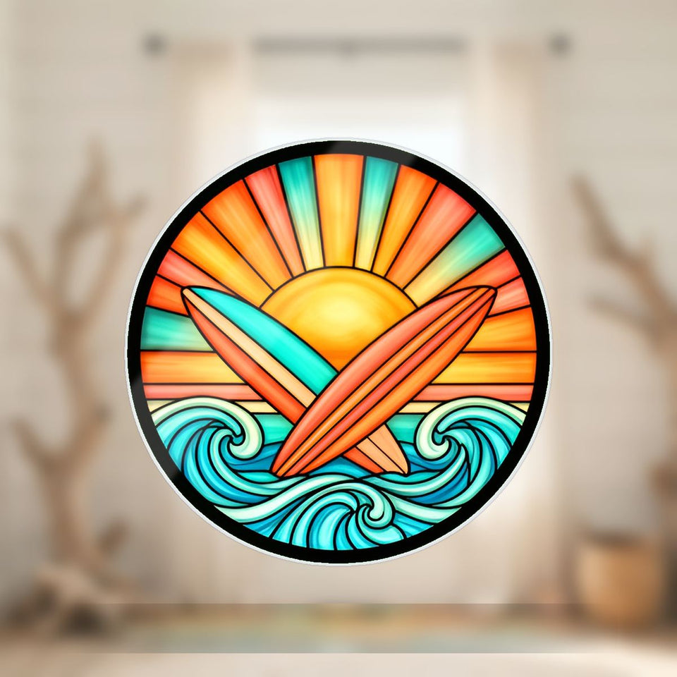 Surfboard Sunset Circle Wavy Acrylic Suncatcher Ornament