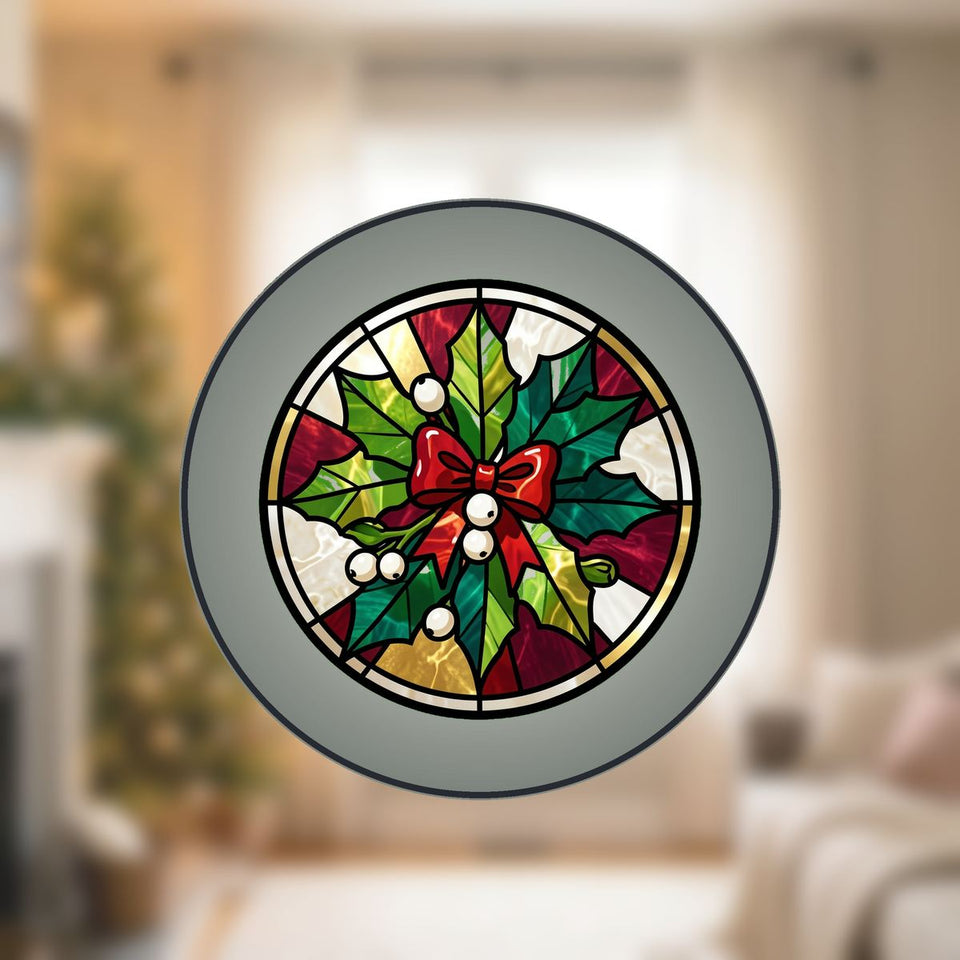 Mistletoe Bow Circle Stained Glass Suncatcher