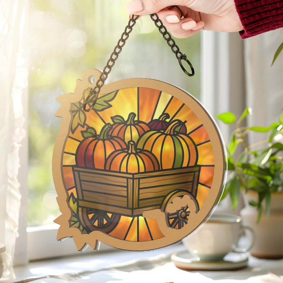 Autumn Pumpkin Cart Circle Window Hanging Suncatcher