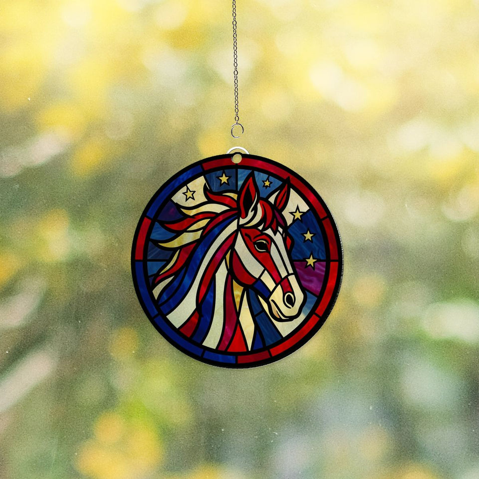 Patriotic Horse Stars Circle Acrylic Suncatcher