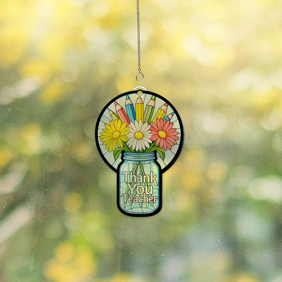 Teacher Flower Jar Circle Acrylic Suncatcher