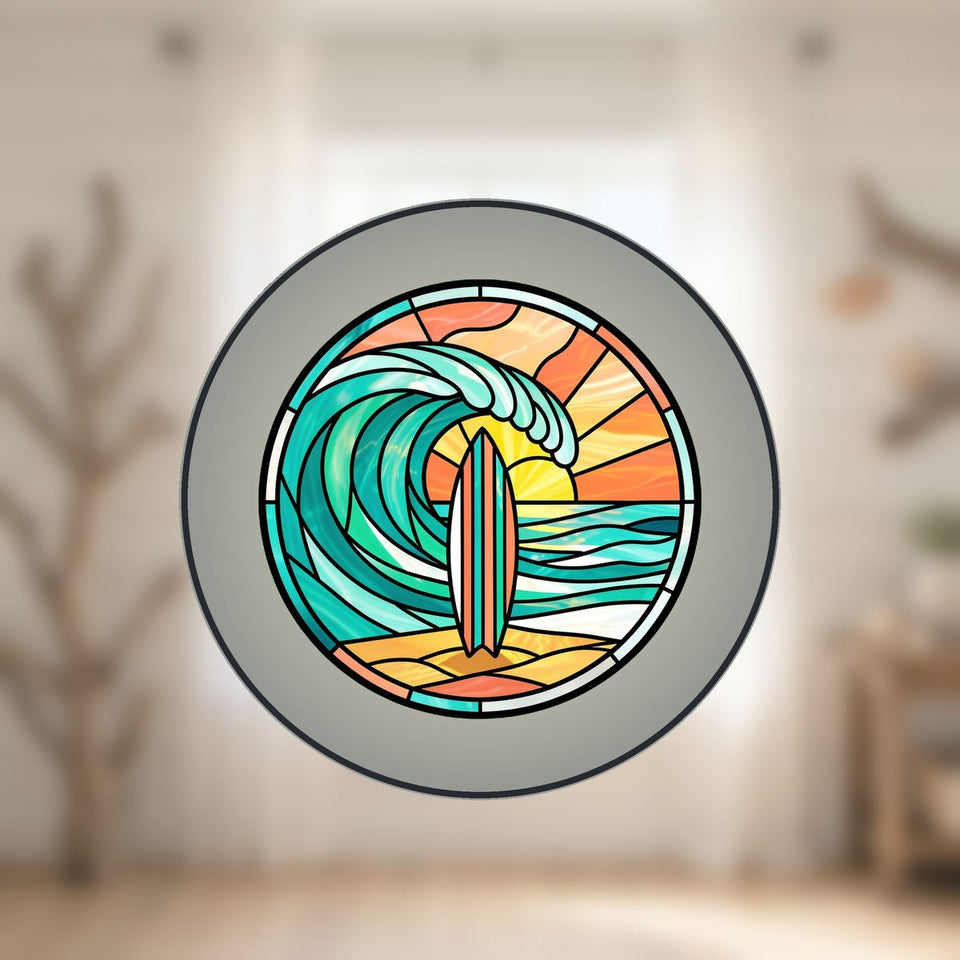 Surfboard Wave Circle Stained Glass Suncatcher
