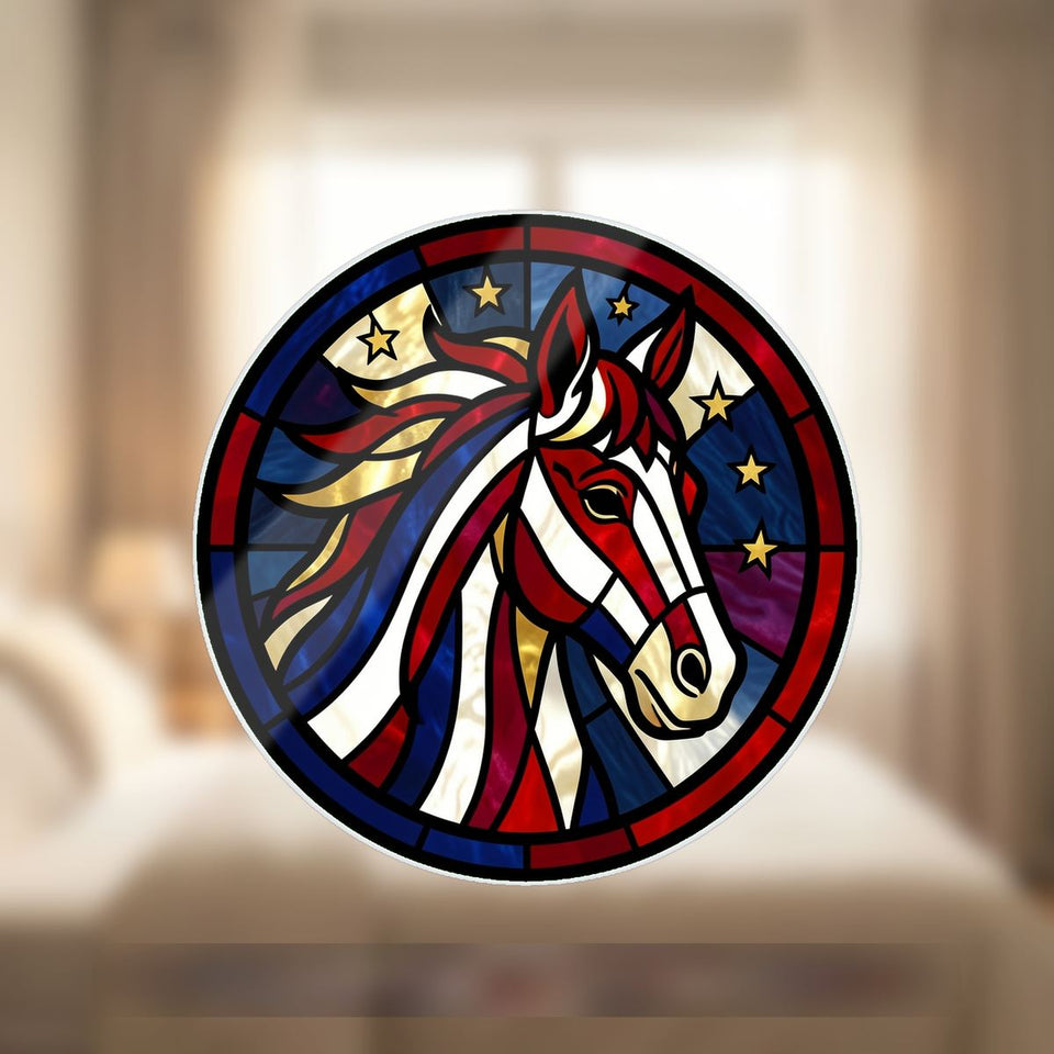 Patriotic Horse Stars Circle Wavy Acrylic Suncatcher Ornament