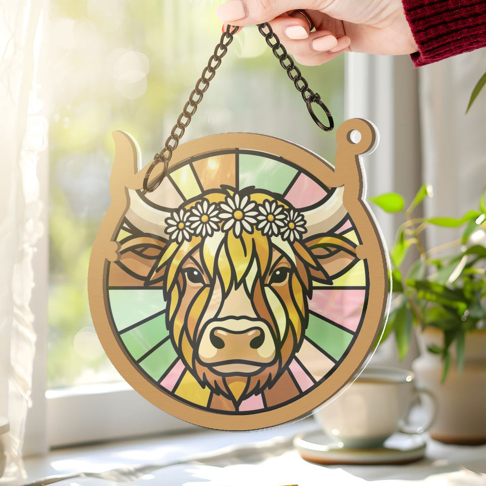 Highland Cow Wildflower Circle Window Hanging Suncatcher