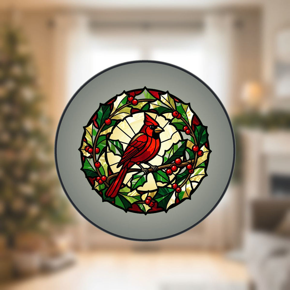 Cardinal Holly Wreath Circle Stained Glass Suncatcher