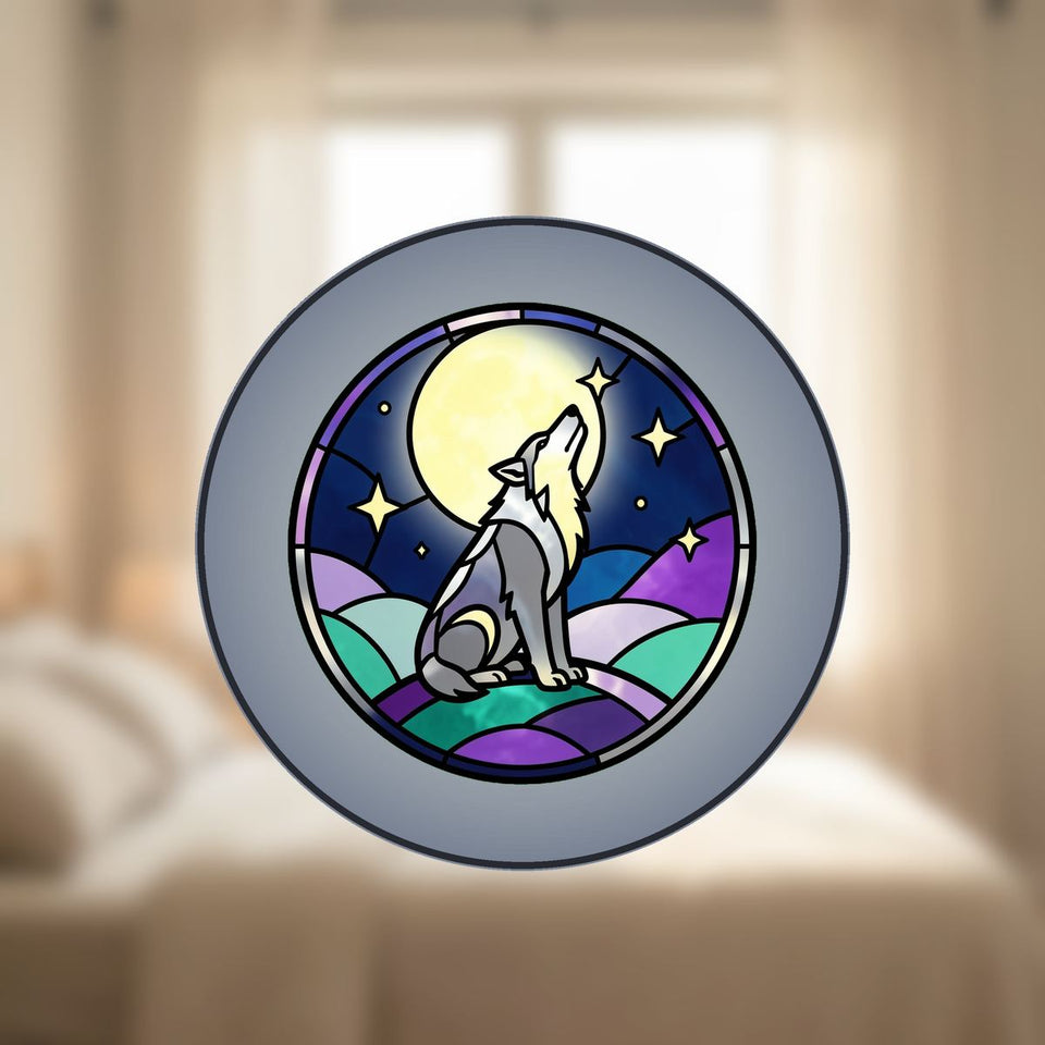 Howling Wolf Moon Circle Stained Glass Suncatcher