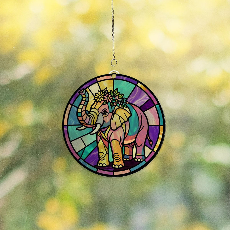 Elephant Wildflower Circle Acrylic Suncatcher