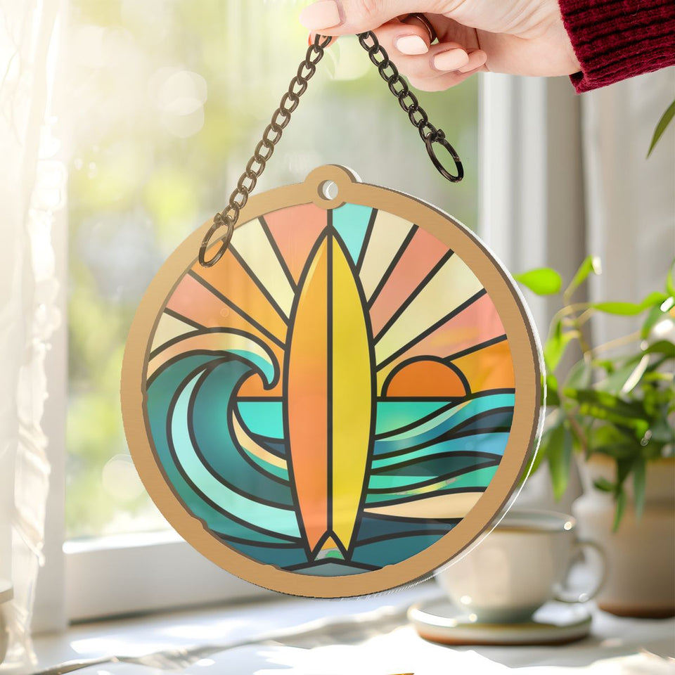 Surfboard Wave Sunset Circle Window Hanging Suncatcher