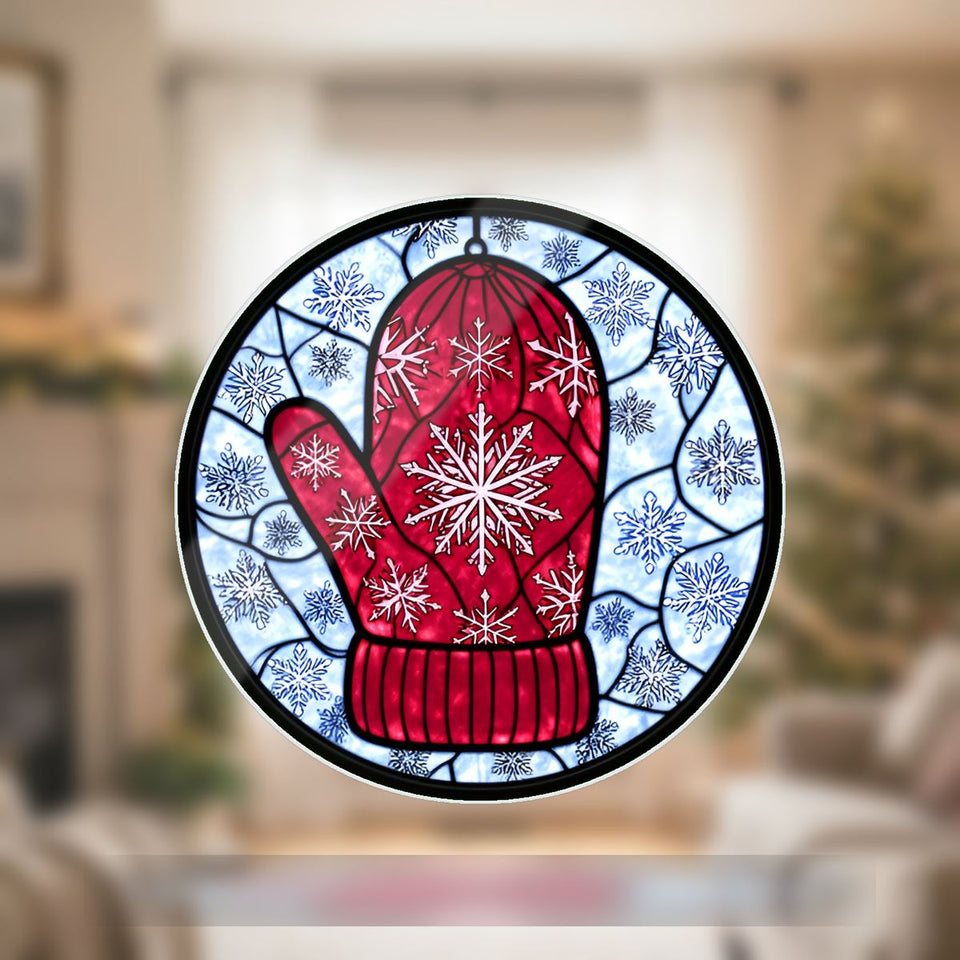 Knit Mitten Snowflake Circle Wavy Acrylic Suncatcher Ornament