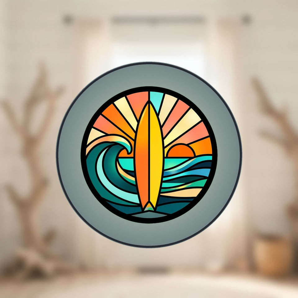 Surfboard Wave Sunset Circle Stained Glass Suncatcher