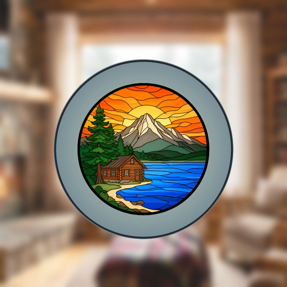 Cozy Cabin Lake Circle Stained Glass Suncatcher