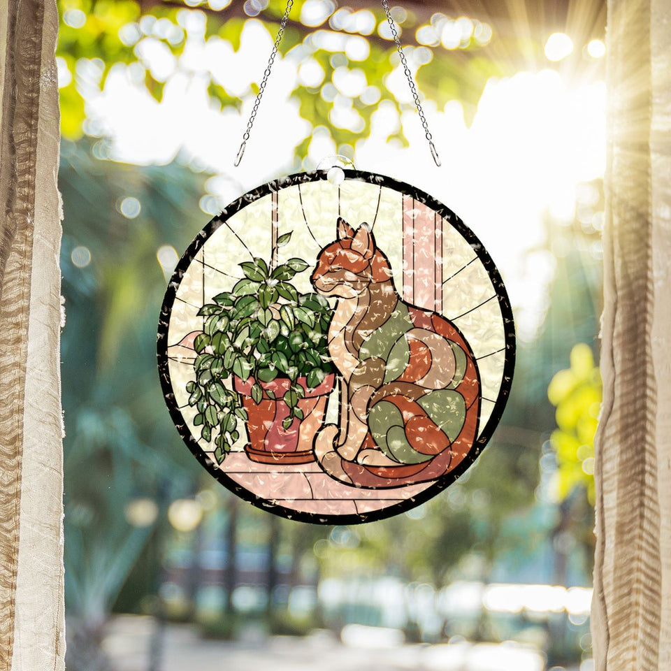 Cozy Cat Plant Window Water Ripple Suncatcher