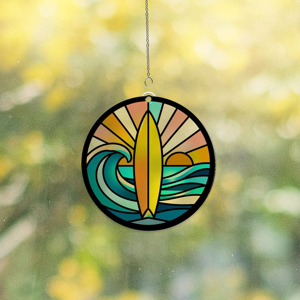 Surfboard Wave Sunset Circle Acrylic Suncatcher