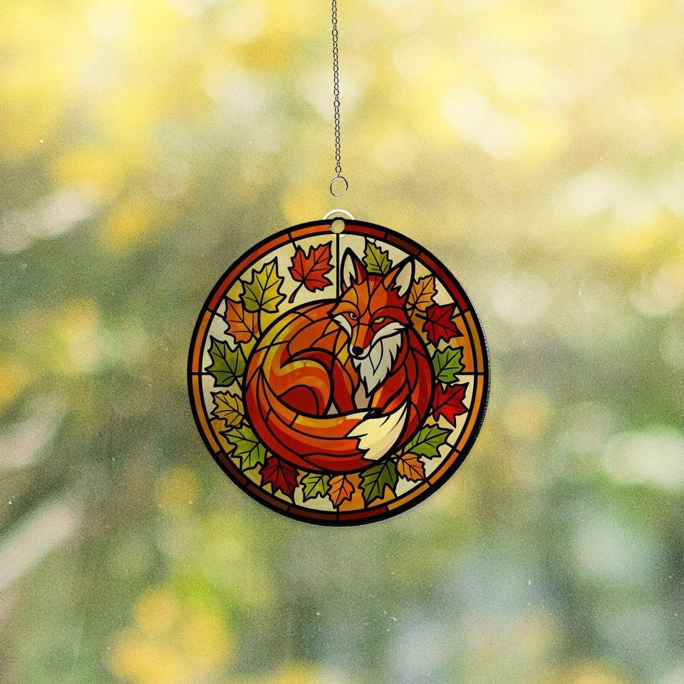 Autumn Fox Leaves Circle Acrylic Suncatcher