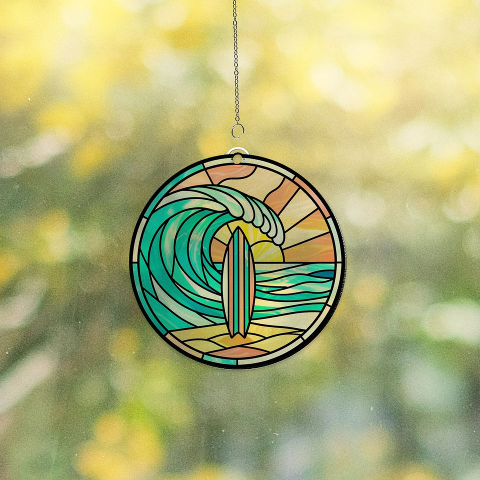 Surfboard Wave Circle Acrylic Suncatcher