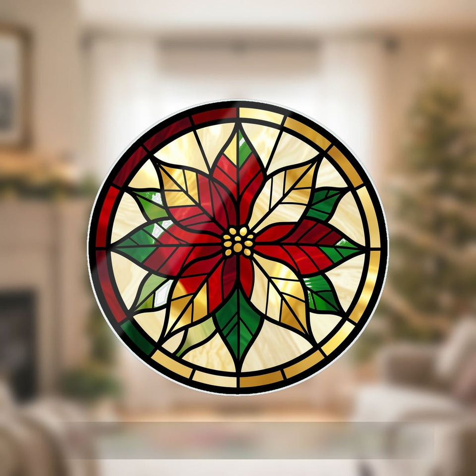 Poinsettia Wreath Circle Wavy Acrylic Suncatcher Ornament