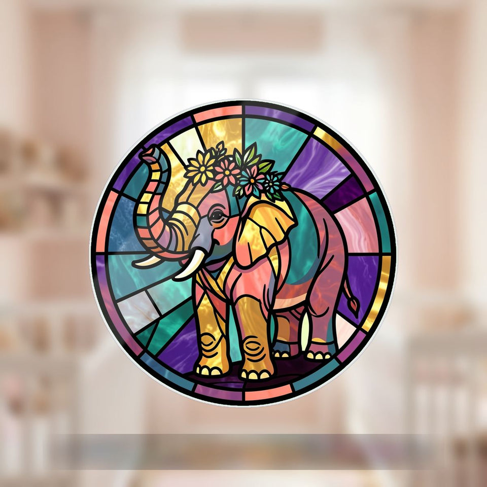 Elephant Wildflower Circle Wavy Acrylic Suncatcher Ornament